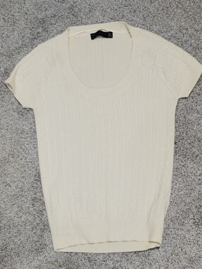 Zara Short-Sleeve Scoop Neck Ribbed Sweater in Cream